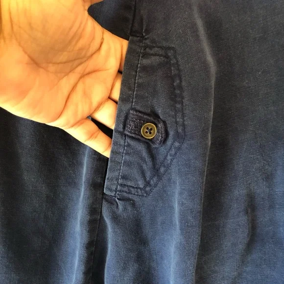 Chelsea & Theodore Flare Midi Dress Size M Tencel Pockets Roll Tab Sleeve Collar - Picture 7 of 12